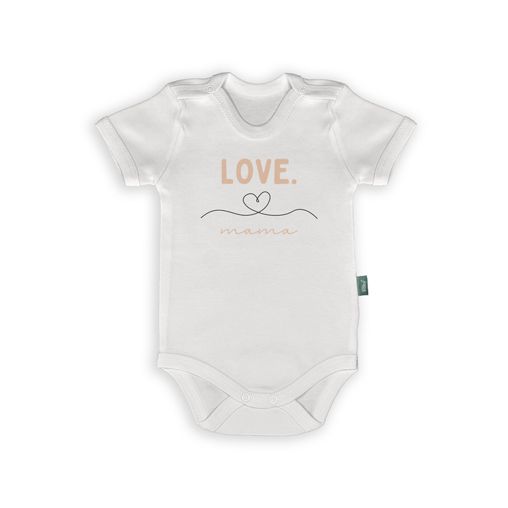 Rompertje met minimalistische tekst 'LOVE. mama' en hartlijn-illustratie, perfect als cadeau voor ouders.