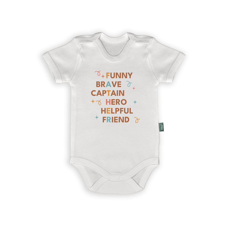 White baby bodysuit with text "Funny, Brave, Captain, Hero, Helpful, Friend" celebrating dads, great for Father's Day.