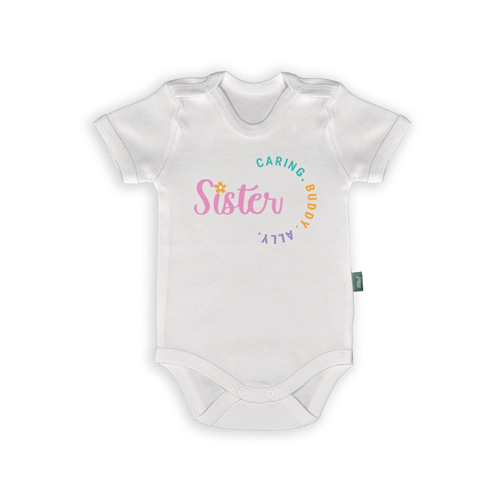 Cute baby romper with "Sister: Caring, Buddy, Ally" text design, perfect gift for girls and siblings.
