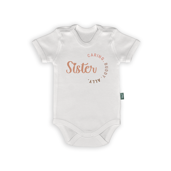 Romper with text "Sister: Caring, Buddy, Ally" for baby girls, perfect gift for big or little sisters.