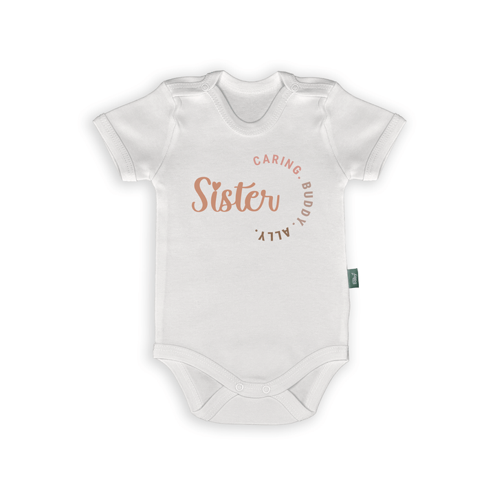 Romper with text "Sister: Caring, Buddy, Ally" for baby girls, perfect gift for big or little sisters.