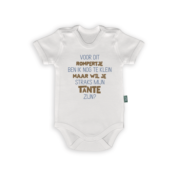 Rompertje met tekst voor zwangerschap aankondiging: 'Wil je straks mijn Tante zijn?' schattig en origineel.