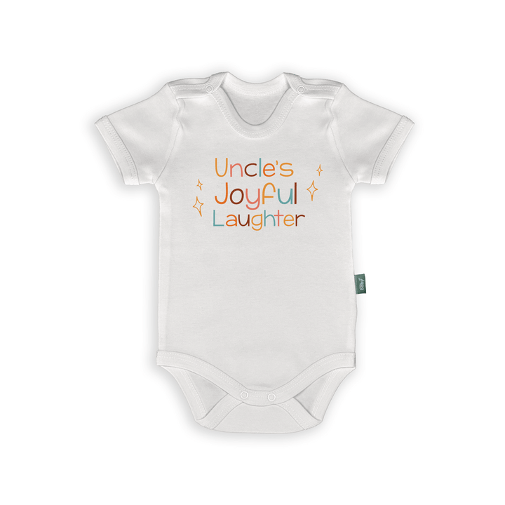 Baby romper with "Uncle's Joyful Laughter" text, perfect gift for uncles celebrating family bonds.