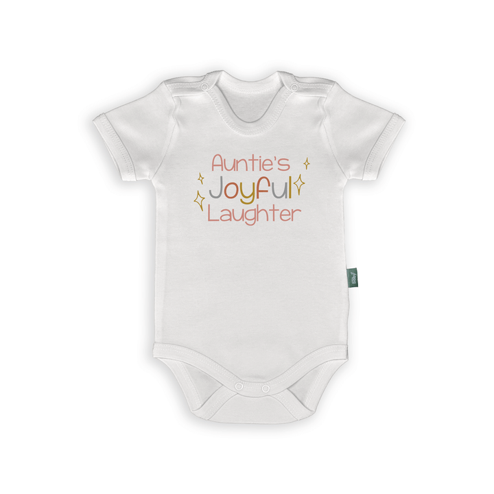 White baby bodysuit with text 'Auntie's Joyful Laughter' celebrating aunt-nephew bond.