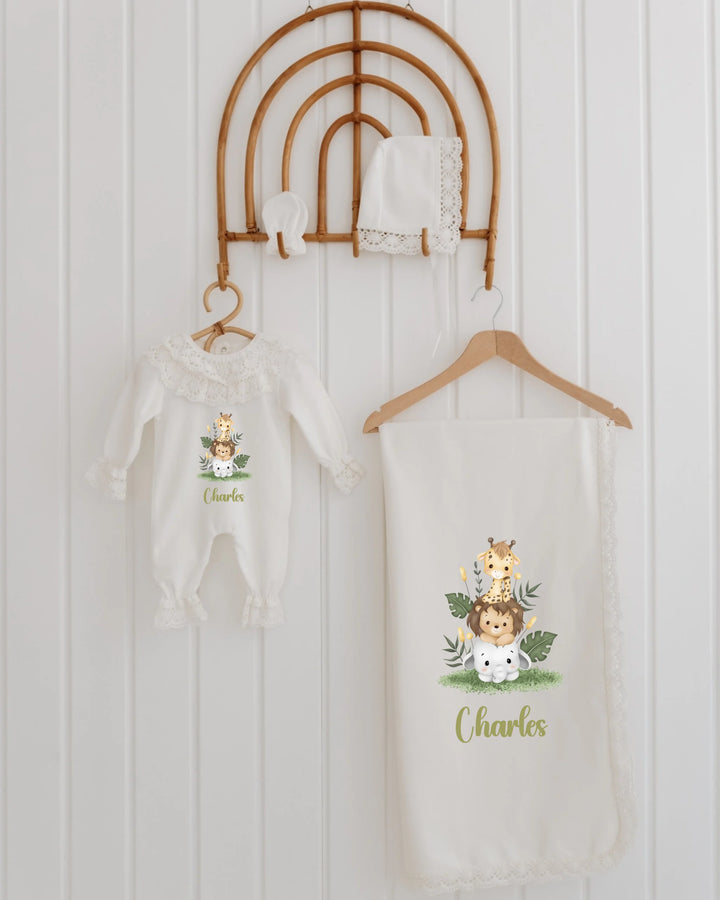 4-piece baby outfit set with safari animal prints, personalized with the name Charles.