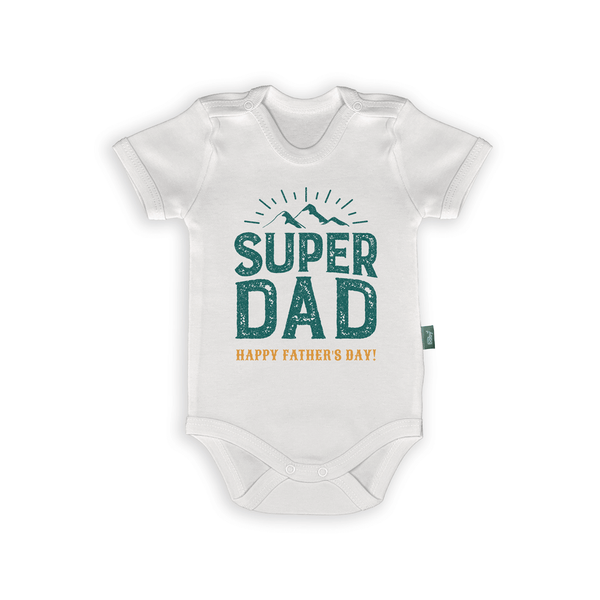 Super Dad romper featuring mountain design and text 'Happy Father's Day', perfect gift for new dads.