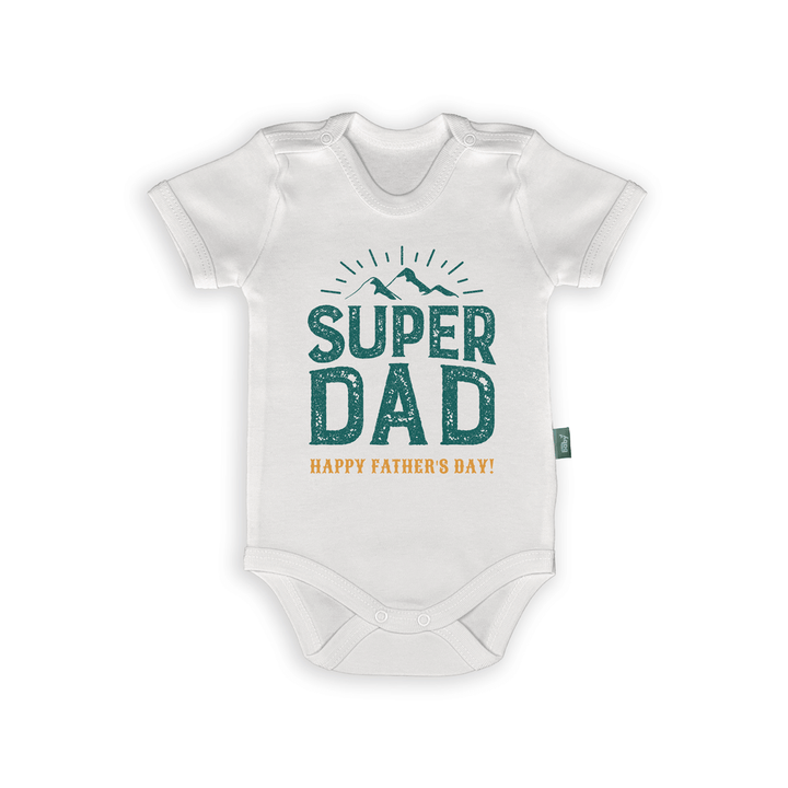 Super Dad romper featuring mountain design and text 'Happy Father's Day', perfect gift for new dads.
