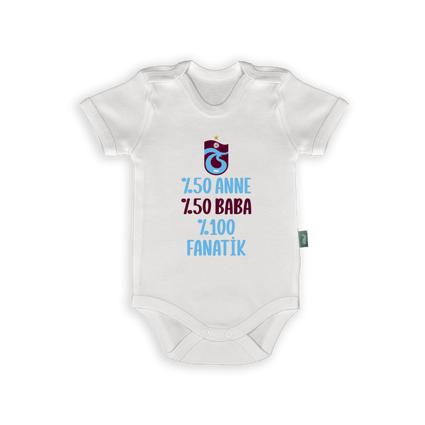 White Trabzonspor baby romper with humorous text: %50 Anne, %50 Baba, %100 Fanatik for young supporters.