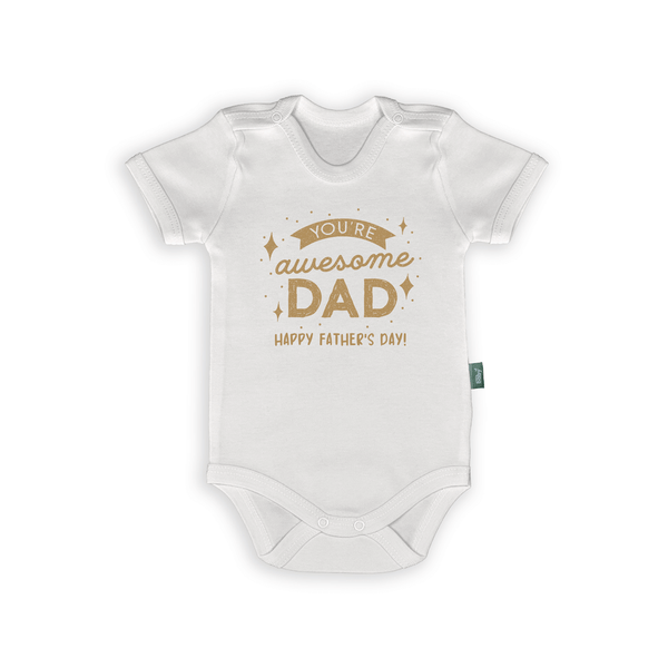 You're Awesome Dad romper, perfect Father's Day gift, white baby bodysuit with festive text and star design.