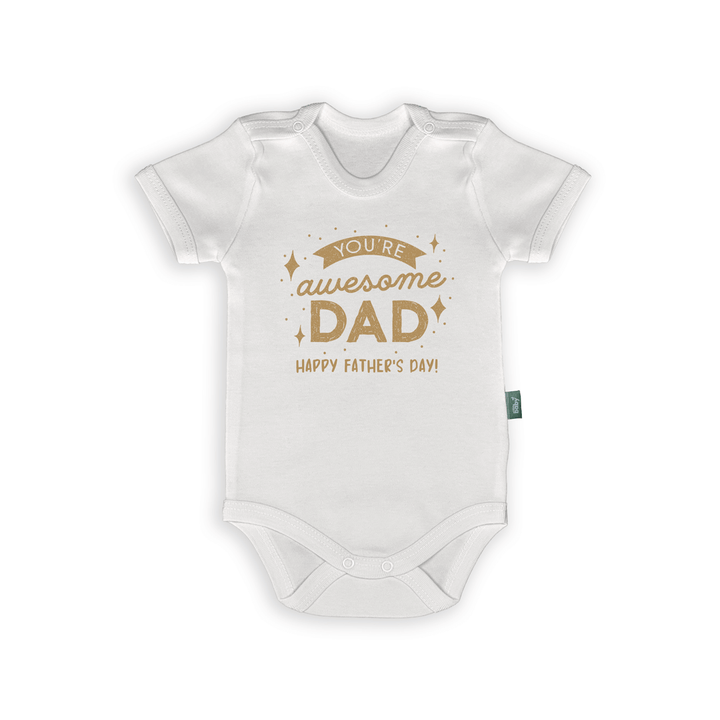 You're Awesome Dad romper, perfect Father's Day gift, white baby bodysuit with festive text and star design.